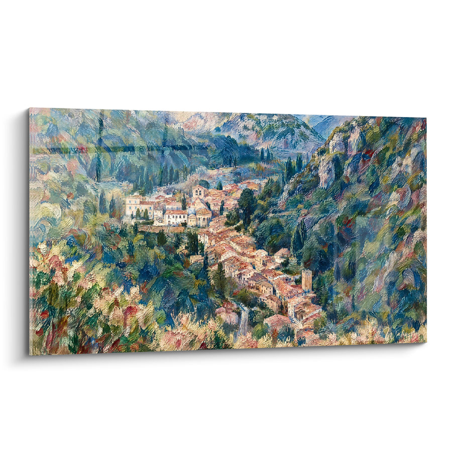 Painting Village nestled between green hills and ochre roofs - Refuge in the valley - Edition Saint-Guilhem-le-Desert Occitanie France