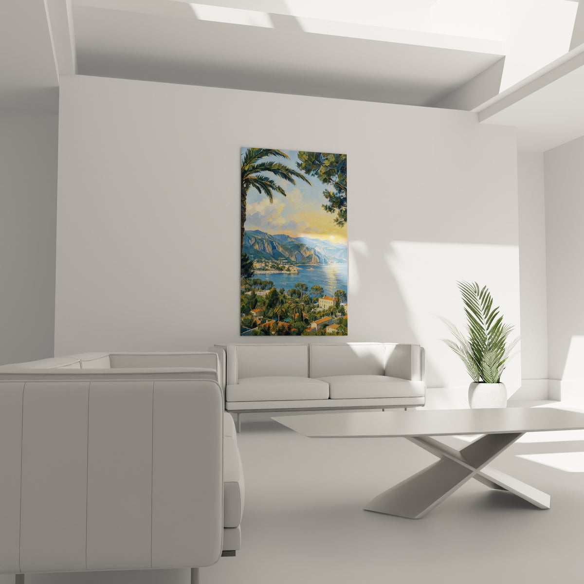 Villas provençales et mer turquoise peintes en touches empâtées, au-dessus d'un canapé dans un salon lumineux