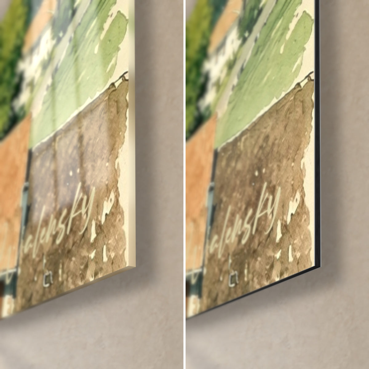 Détail des touches d'aquarelle sur les toitures ocre et la végétation vert olive du village peint