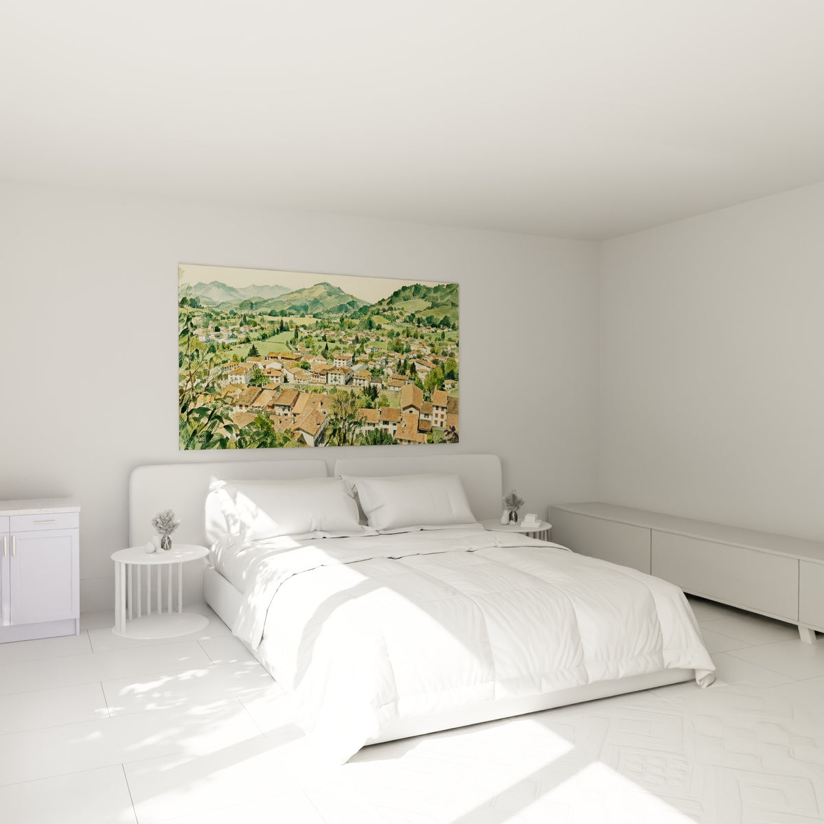 Maisons blanches aux toits orangés et montagnes bleutées, au-dessus d'un lit dans une chambre claire