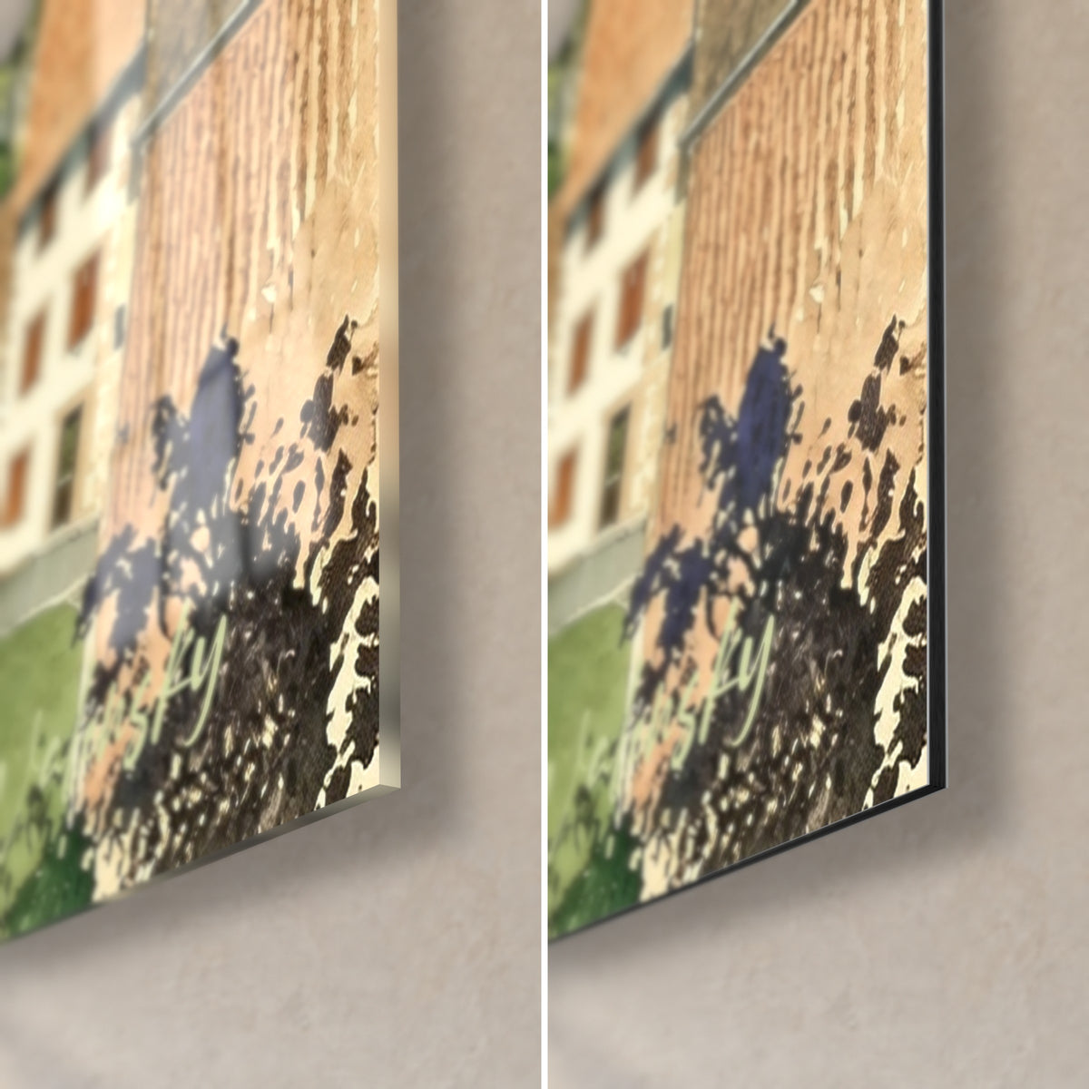 Détail des touches d'aquarelle sur les toits terracotta et le feuillage vert dense du premier plan