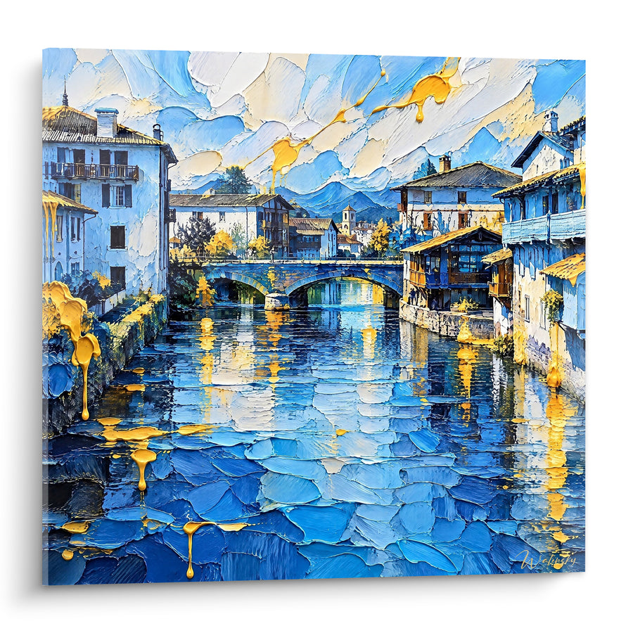 Tableau Pont bleu et doré sur rivière - Reflets de village - Edition Saint-Jean-Pied-de-Port Nouvelle-Aquitaine France