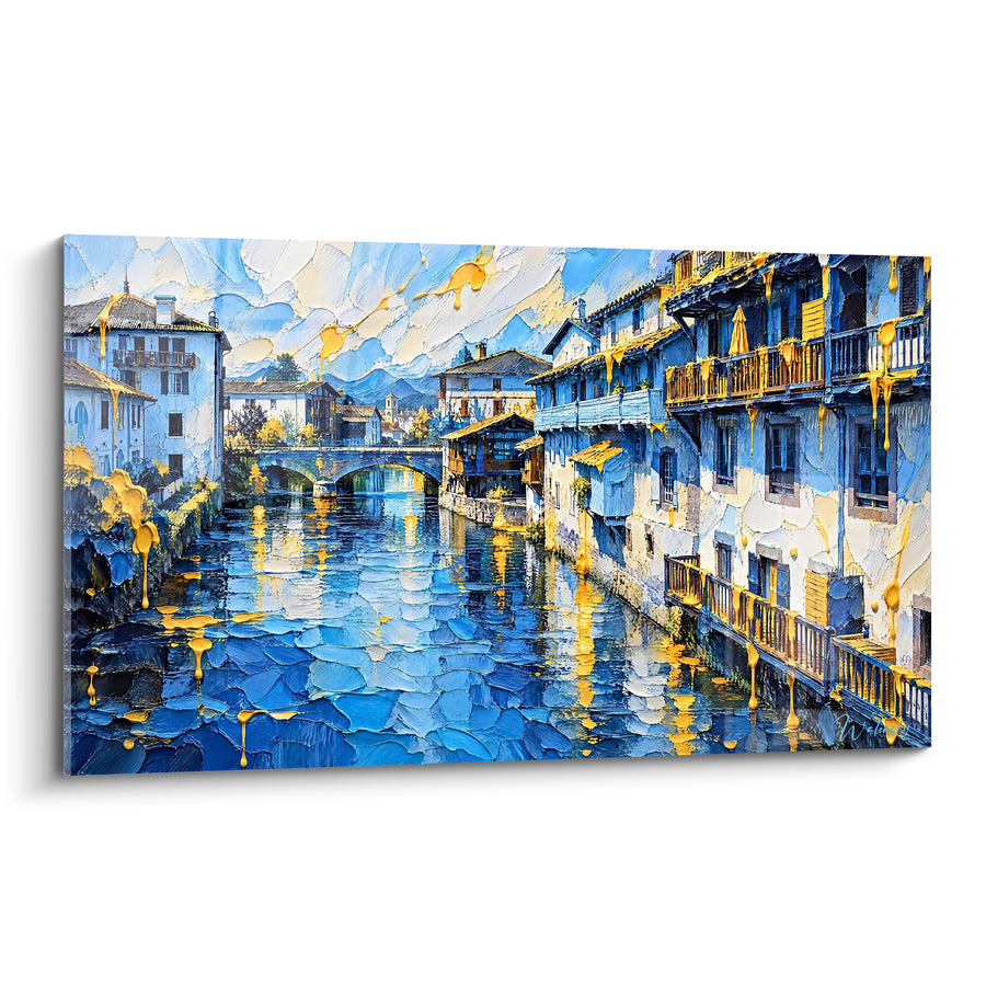 Tableau Village rivière bleu et doré pont ancien - Reflets du soir - Edition Saint-Jean-Pied-de-Port Nouvelle-Aquitaine France