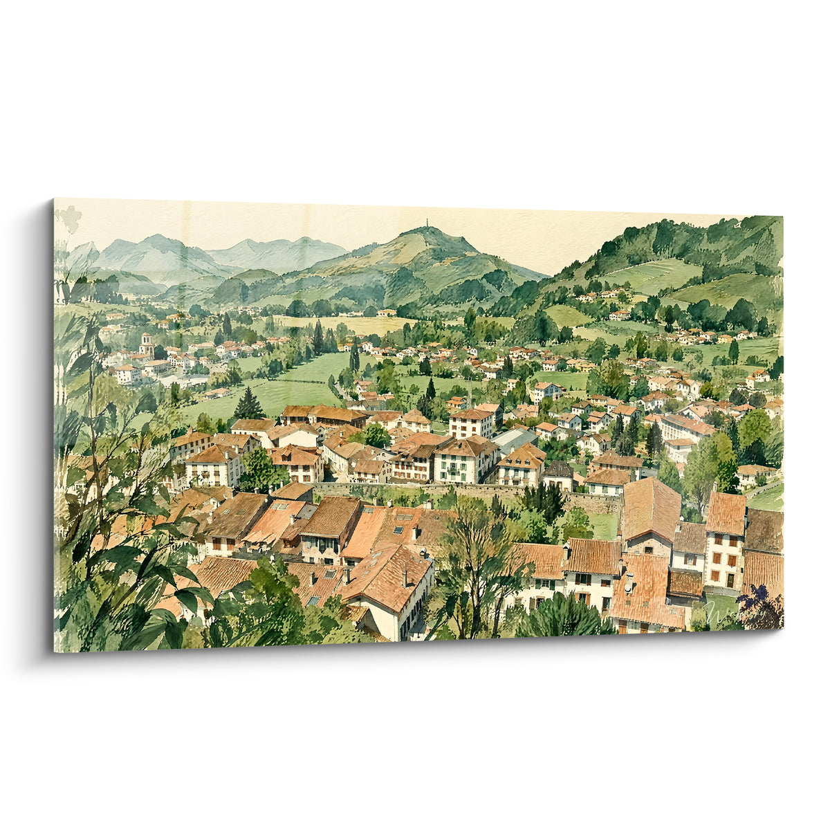 Village basque vu du ciel, toits terracotta et ocre, collines vertes, aquarelle détaillée