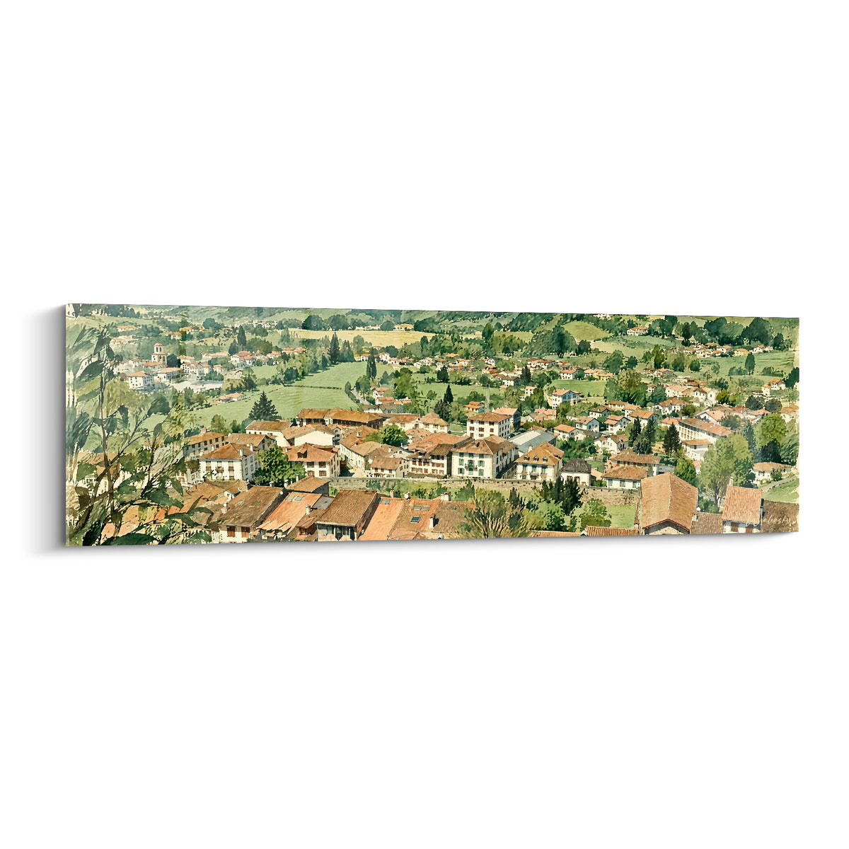 Village basque vert et ocre aux toits terracotta, vue panoramique en aquarelle sur fond de collines