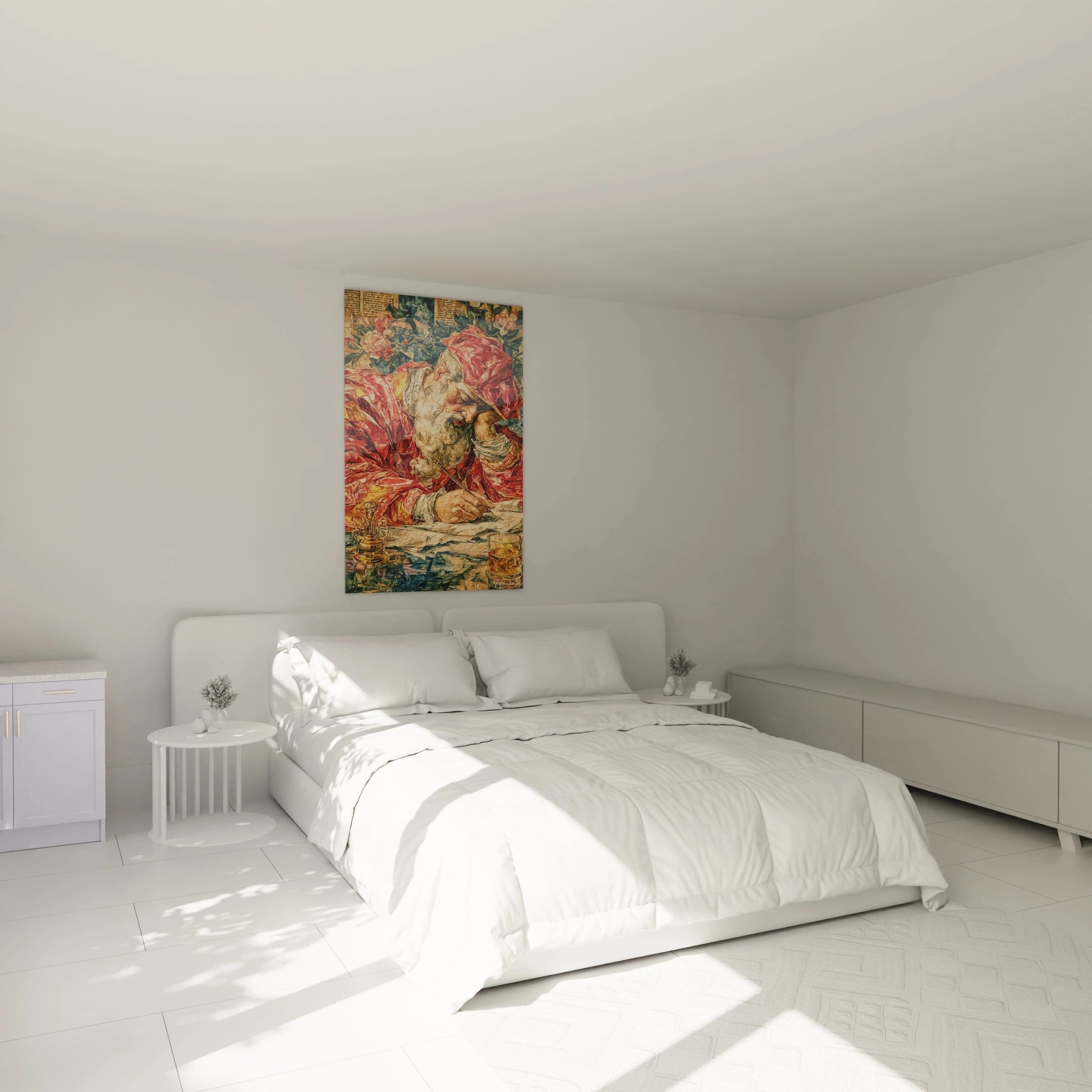 Chambre minimaliste lumineuse avec lit blanc et tableau Saint Jérôme renaissance italienne de Walensky accroché au mur