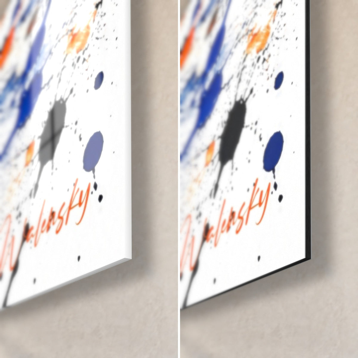Schilderij huis met torentje, rechtsonder: blauwe en grijze spatten, oranje signatuur, glanzend glas en mat Dibond