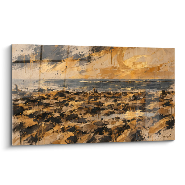 Tableau Littoral rocheux doré et anthracite - Marche au crépuscule - Edition Saint-Martin France