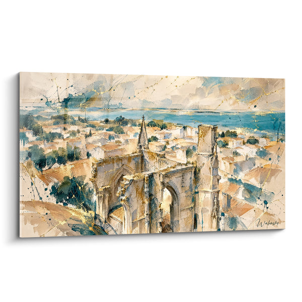 Painting View of Gothic Ruins and Ochre Roofs - Memory of Time - Saint-Martin France Edition