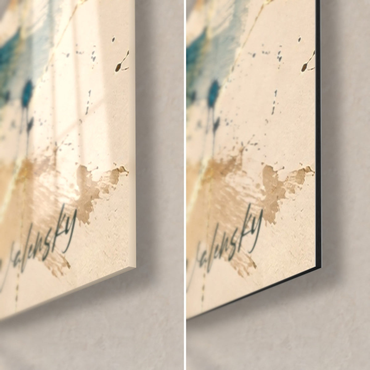 Wall art watercolour view of Gothic arcades in ochre and turquoise, bottom right corner in glossy glass and matte Dibond, 3 mm edge
