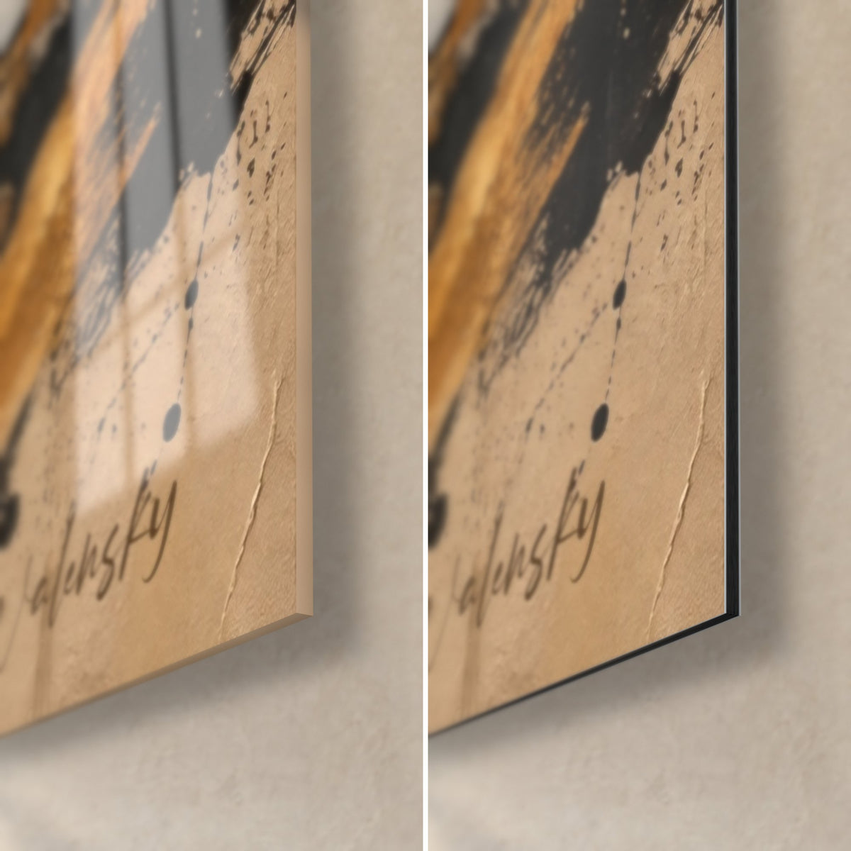 Tableau plage rocheuse en or et anthracite, coin bas droit : signature Walensky, verre brillant à gauche, Dibond mat à droite