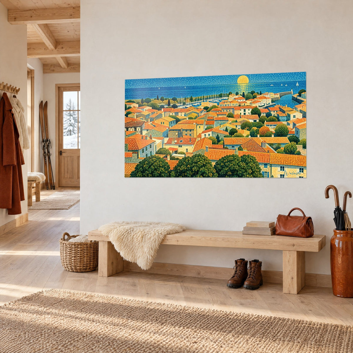 Wall art dotted-style port town, orange tiles and green foliage, blue marina in the distance, on a white chalet wall