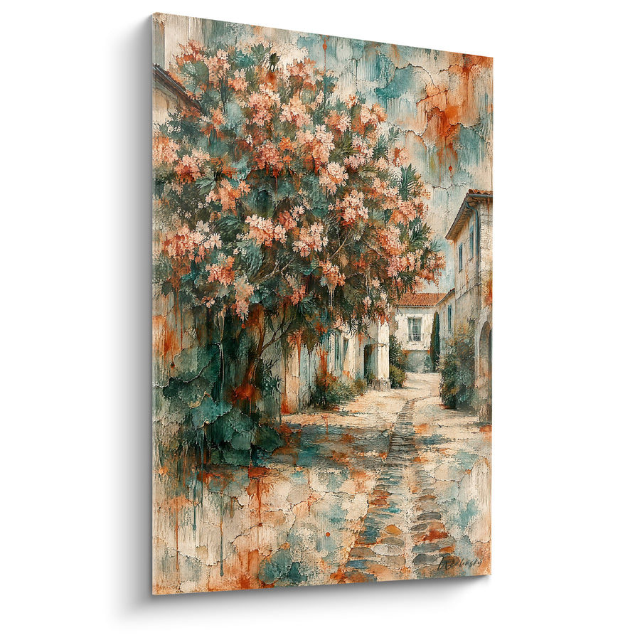 Gemälde Blühende Gasse in Rosa- und Türkistönen - Sommerliches Schlendern - Edition Saint-Martin France