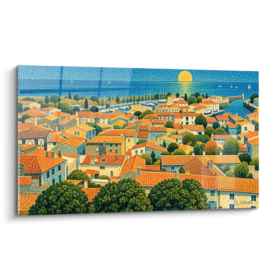 Gemälde Küstendorf mit orangefarbenen Dächern und blauem Hafen - Sanfter Sonnenuntergang - Edition Saint-Martin France