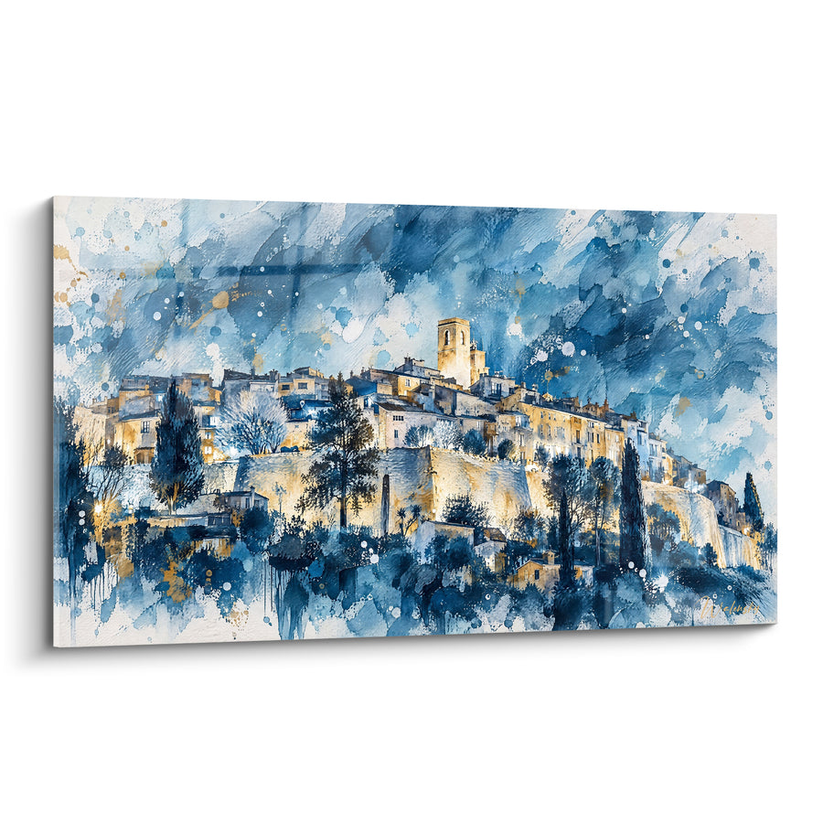 Gemälde Bergdorf bei Nacht in Blaugold - Nachtwache auf den Stadtmauern - Edition Saint-Paul-de-Vence Provence-Alpes-Côte d'Azur Frankreich