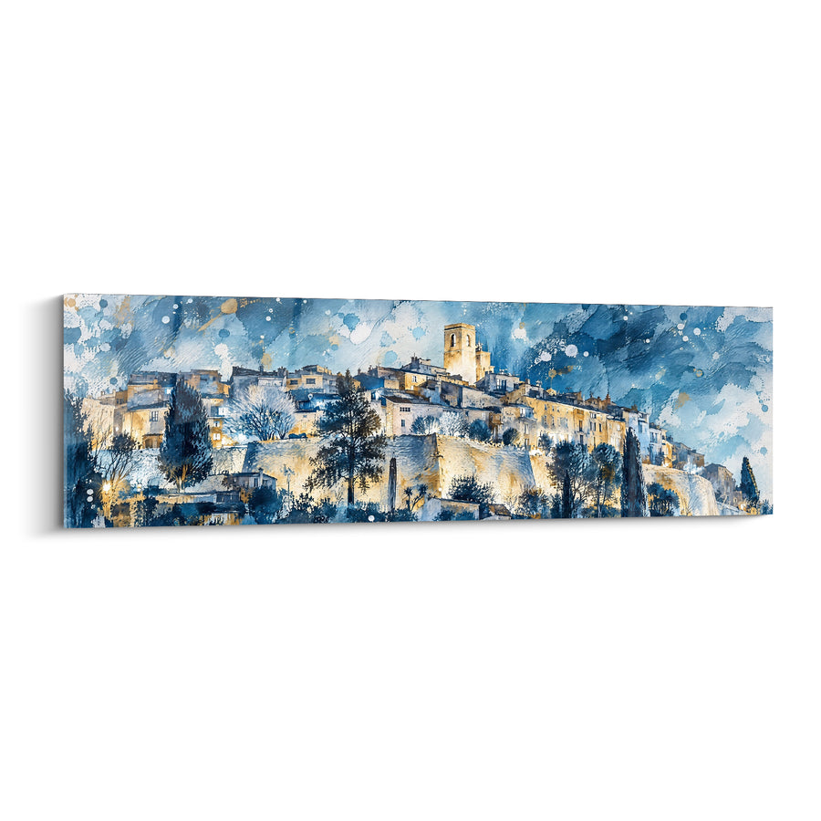 Painting Perched Village in Navy Blue and Golden Ochre - Vigil Over the Hill - Edition Saint-Paul-de-Vence Provence-Alpes-Côte d'Azur France