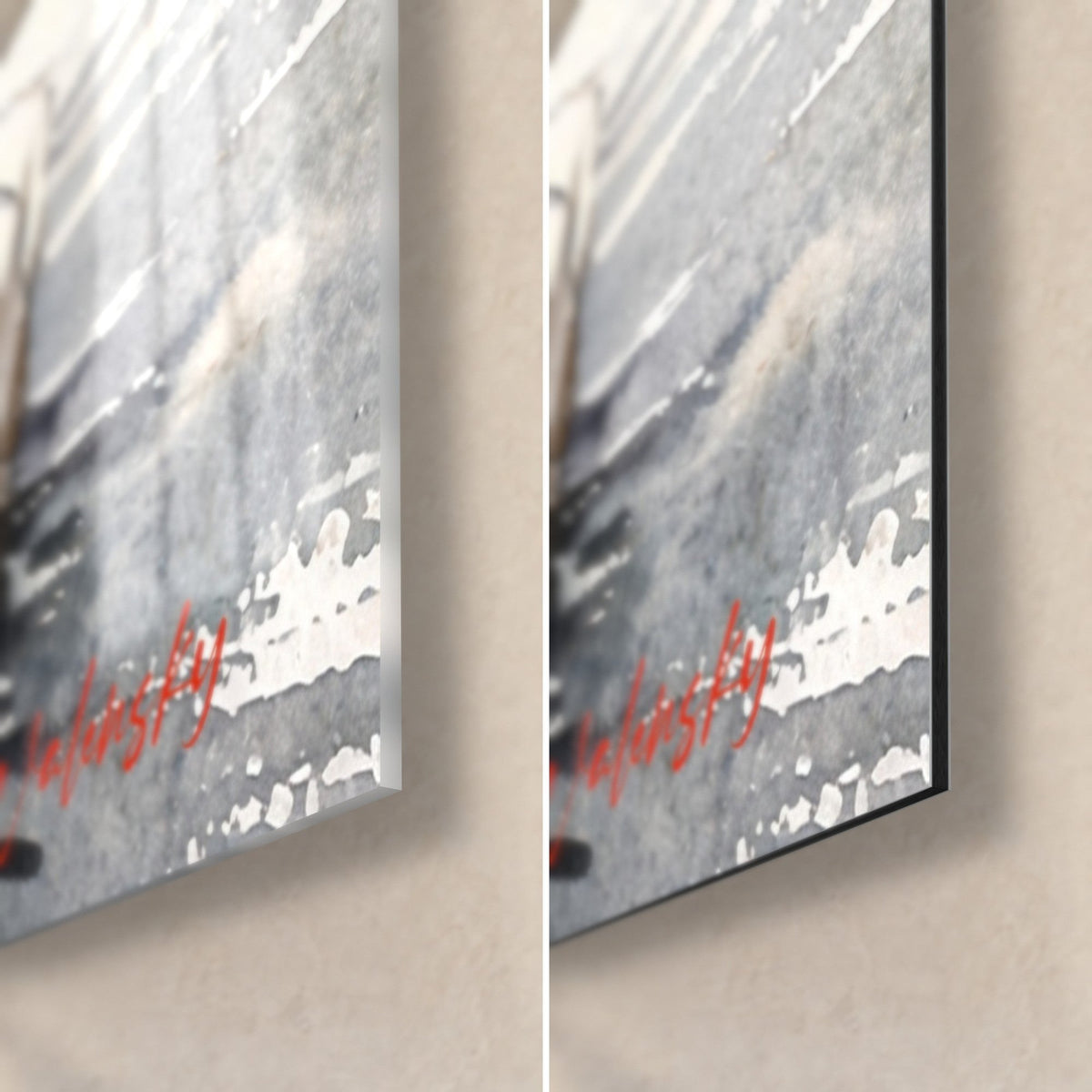 Tableau embarcation rouge et quai gris éclaboussé, coin bas droit : verre acrylique brillant à gauche, Dibond noir mat à droite