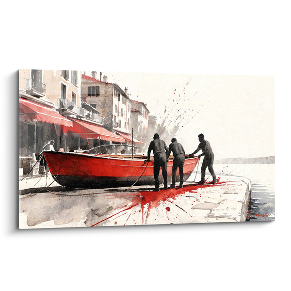 Tableau Barque rouge et silhouettes anthracite sur un quai - Effort du matin - Edition Saint-Tropez