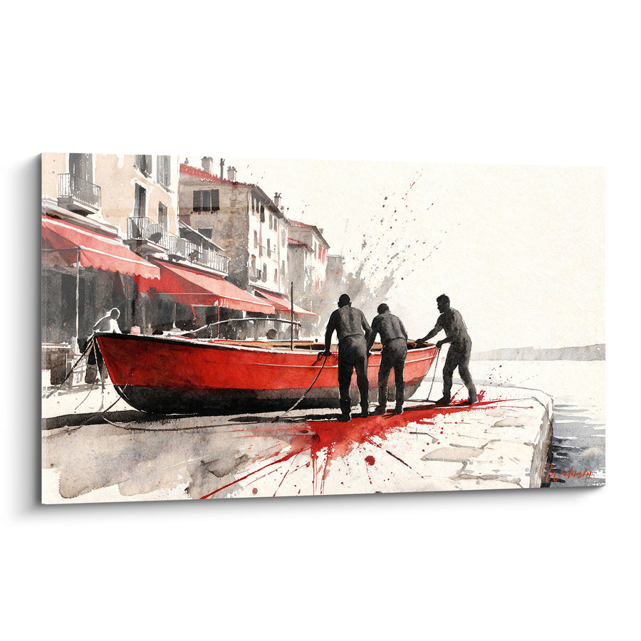 Tableau Barque rouge et silhouettes anthracite sur un quai - Effort du matin - Edition Saint-Tropez