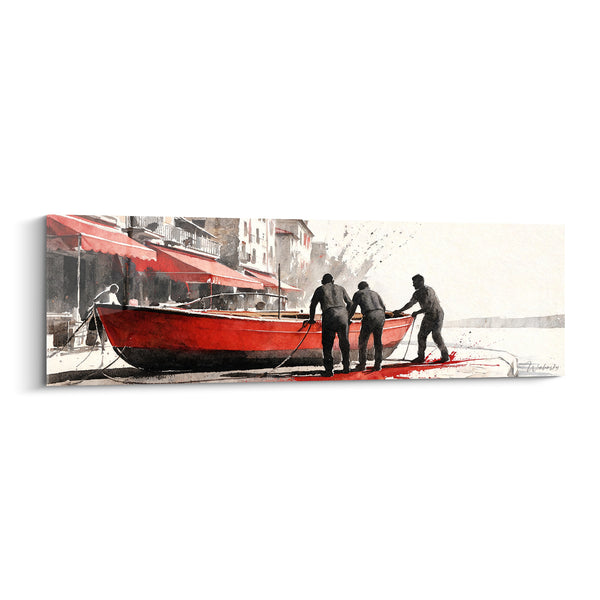 Tableau Barque rouge aux silhouettes noires portuaires - Labeur du matin - Edition Saint-Tropez