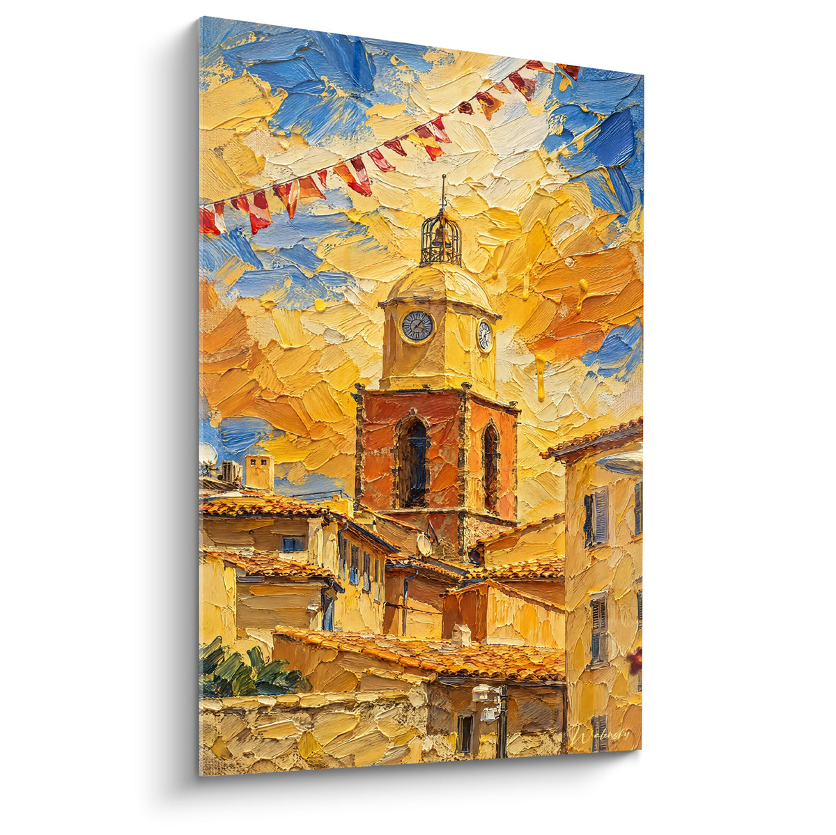 Wall art ochre and gold bell tower decorated with red pennants under a blue sky, Provençal palette-knife painting