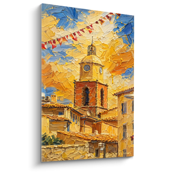 Painting Belfry Ochre and Blue with Colorful Pennants - Village Festival - Saint-Tropez Edition Provence-Alpes-Côte d'Azur France