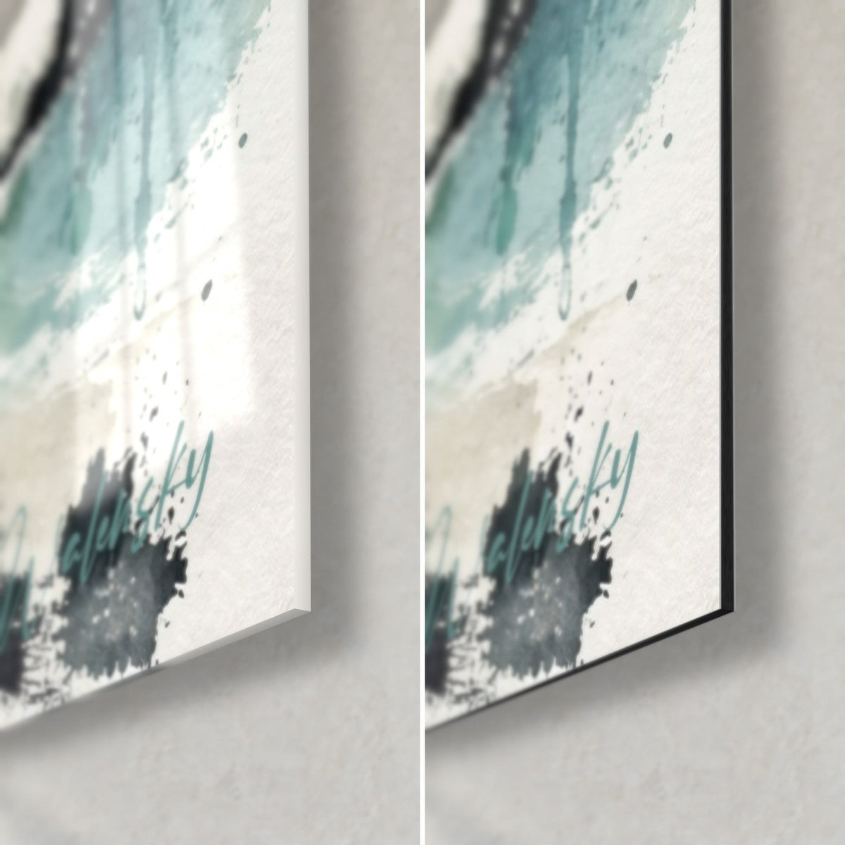 Gemälde mit aquarelliertem blaugrauem Yacht-Motiv, untere rechte Ecke: links glänzendes Acrylglas, rechts matter Dibond-Alu, 3 mm Kante
