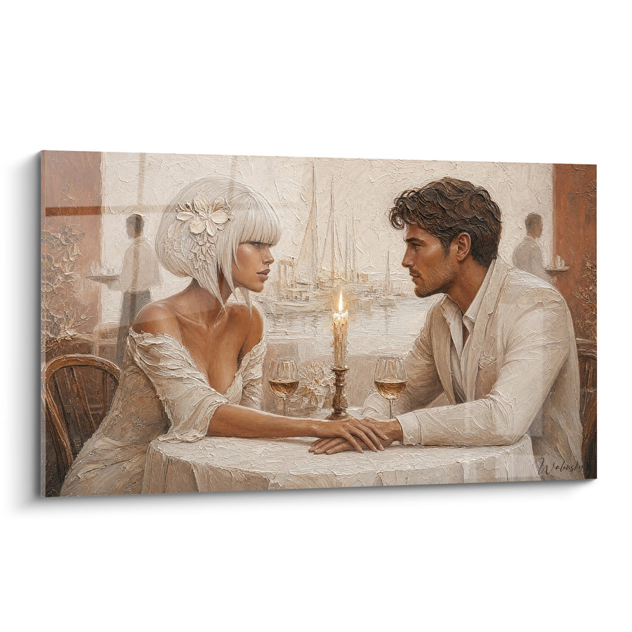 Tableau Couple attablé aux voiliers ivoire et cuivre - Dîner aux chandelles - Edition Saint-Tropez