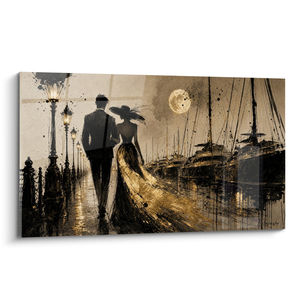 Tableau Couple élégant sur un port doré - Promenade au clair de lune - Edition Saint-Tropez