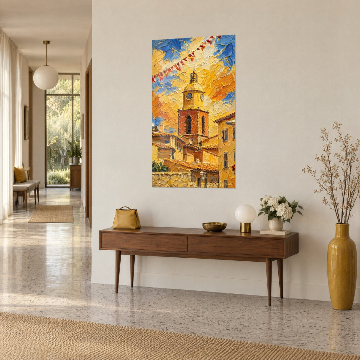 Wall art village clock tower in orange brick, yellow and blue sky in thick impasto, three-quarter view, 1950s hallway