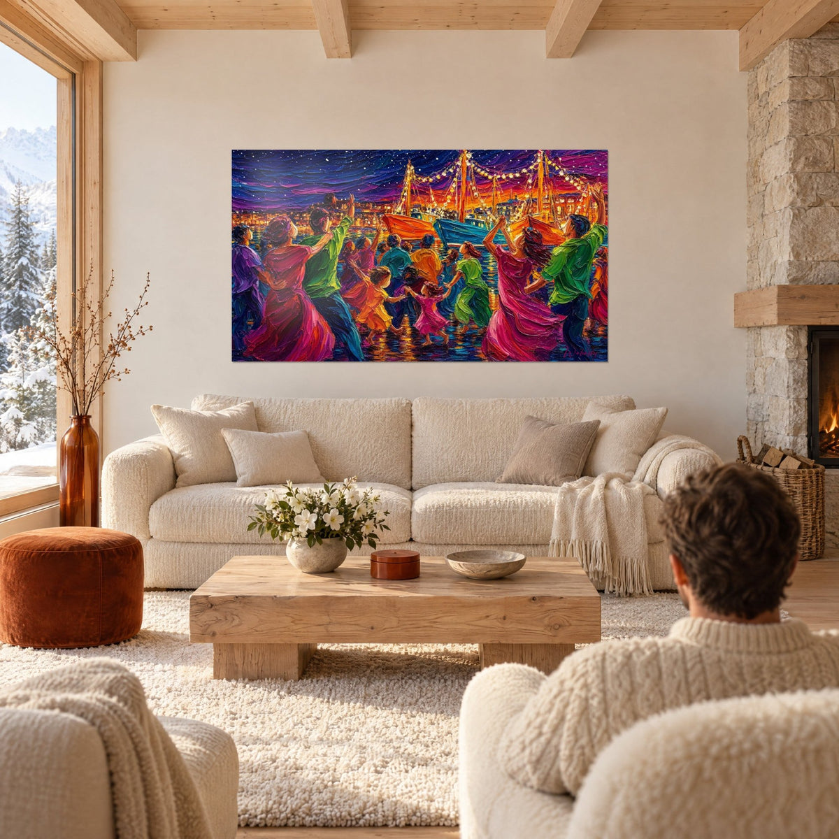 Tableau farandole de danseurs en robes fuchsia et chemises vertes devant des bateaux illuminés, au-dessus d'un canapé dans un salon lumineux