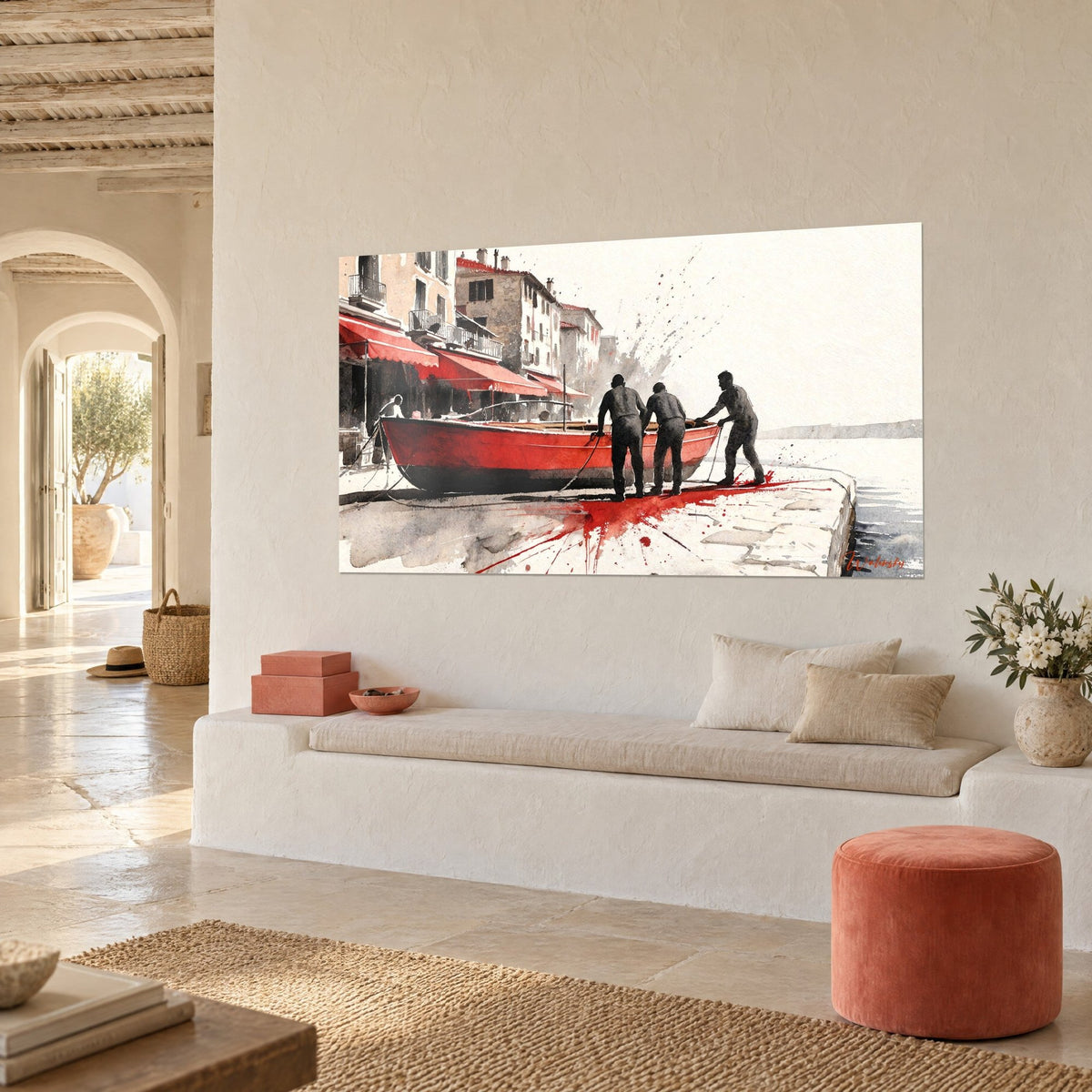 Tableau pêcheurs poussant un bateau écarlate vers l'eau, façades ocre et stores rouges, mur blanc d'une maison provençale
