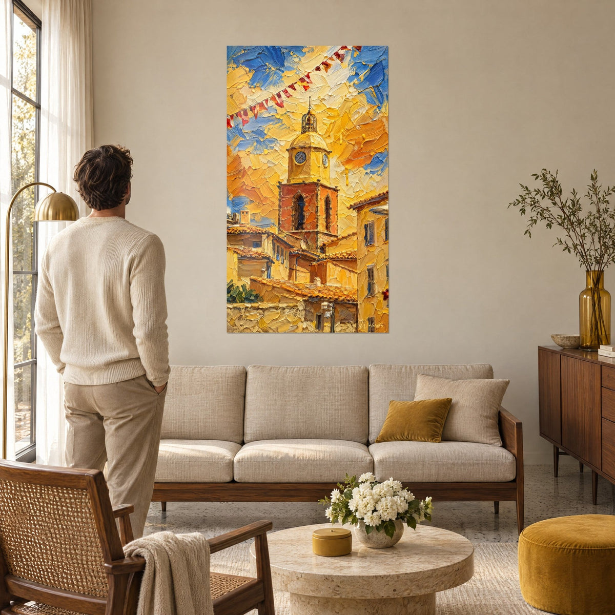 Wall art ochre and blue bell tower crowned with golden dome, red pennants above a sofa in a bright living room