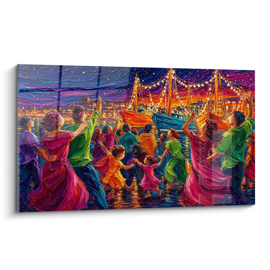 Tableau Danseurs port nocturne violet et orangé - Farandole nocturne - Edition Saint-Tropez