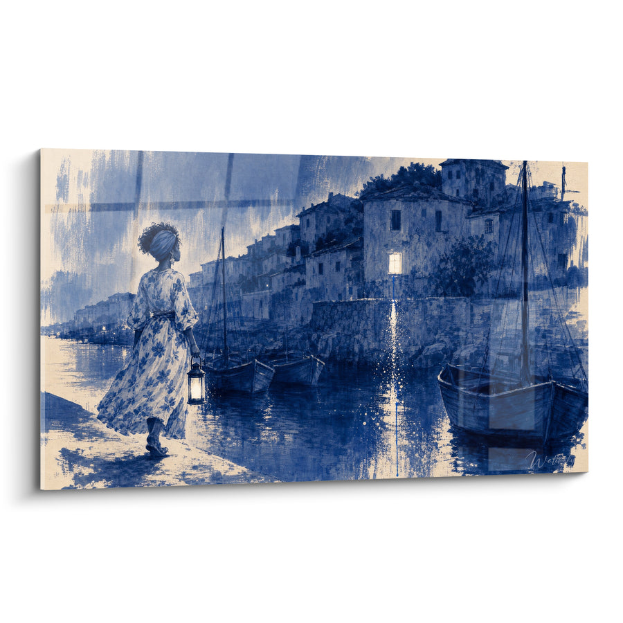 Tableau Femme à la lanterne sur le port - Veillée au port - Edition Saint-Tropez
