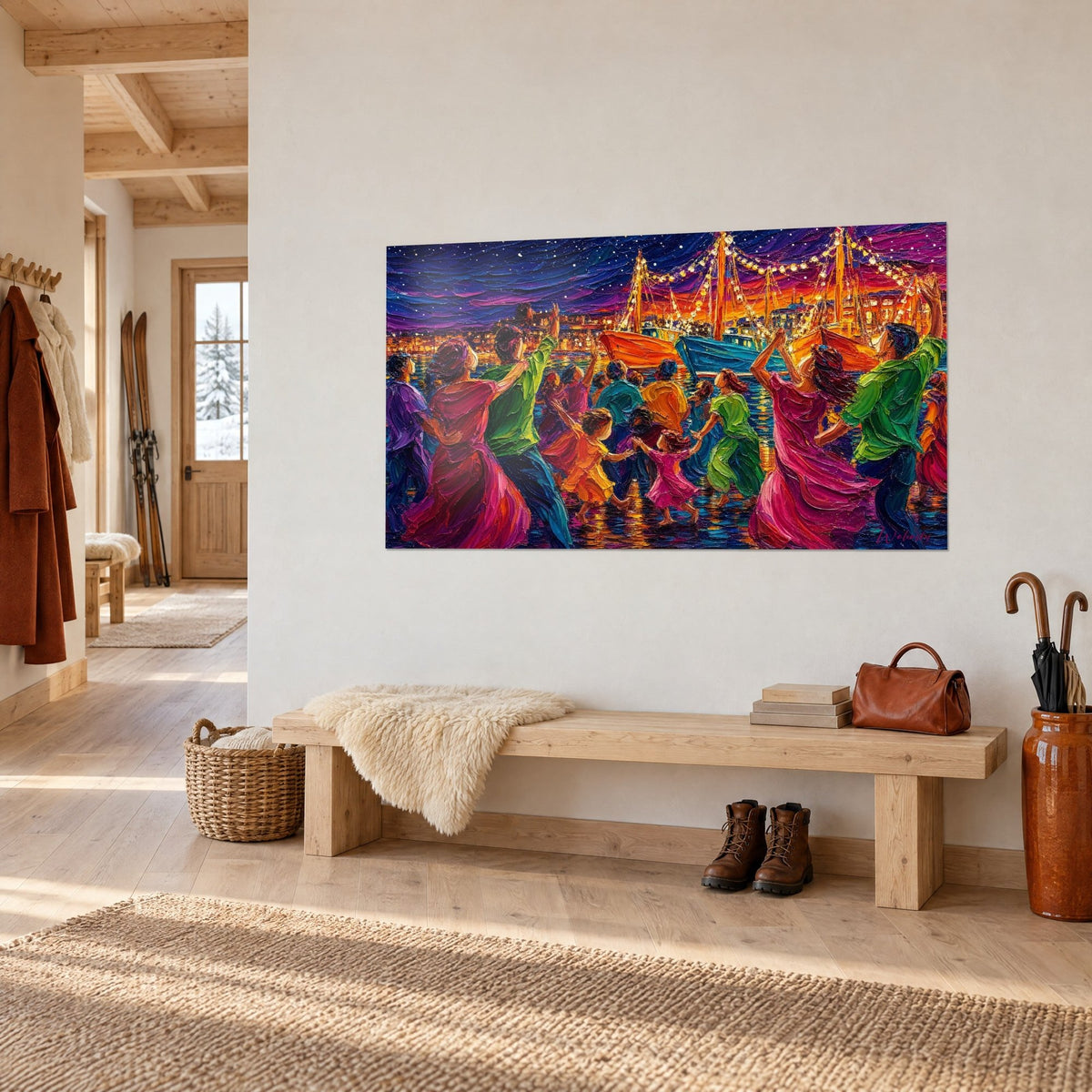 Tableau ronde festive au bord du port, ciel violet piqueté d'étoiles et mâts guirlandés d'orangé, vue de trois-quarts dans un chalet