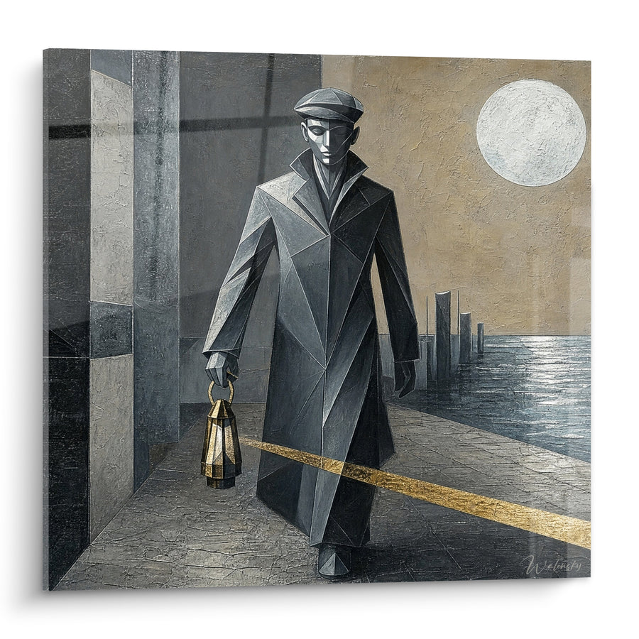 Tableau Homme cubiste gris et doré à la lanterne - Marche nocturne au port - Edition Saint-Tropez