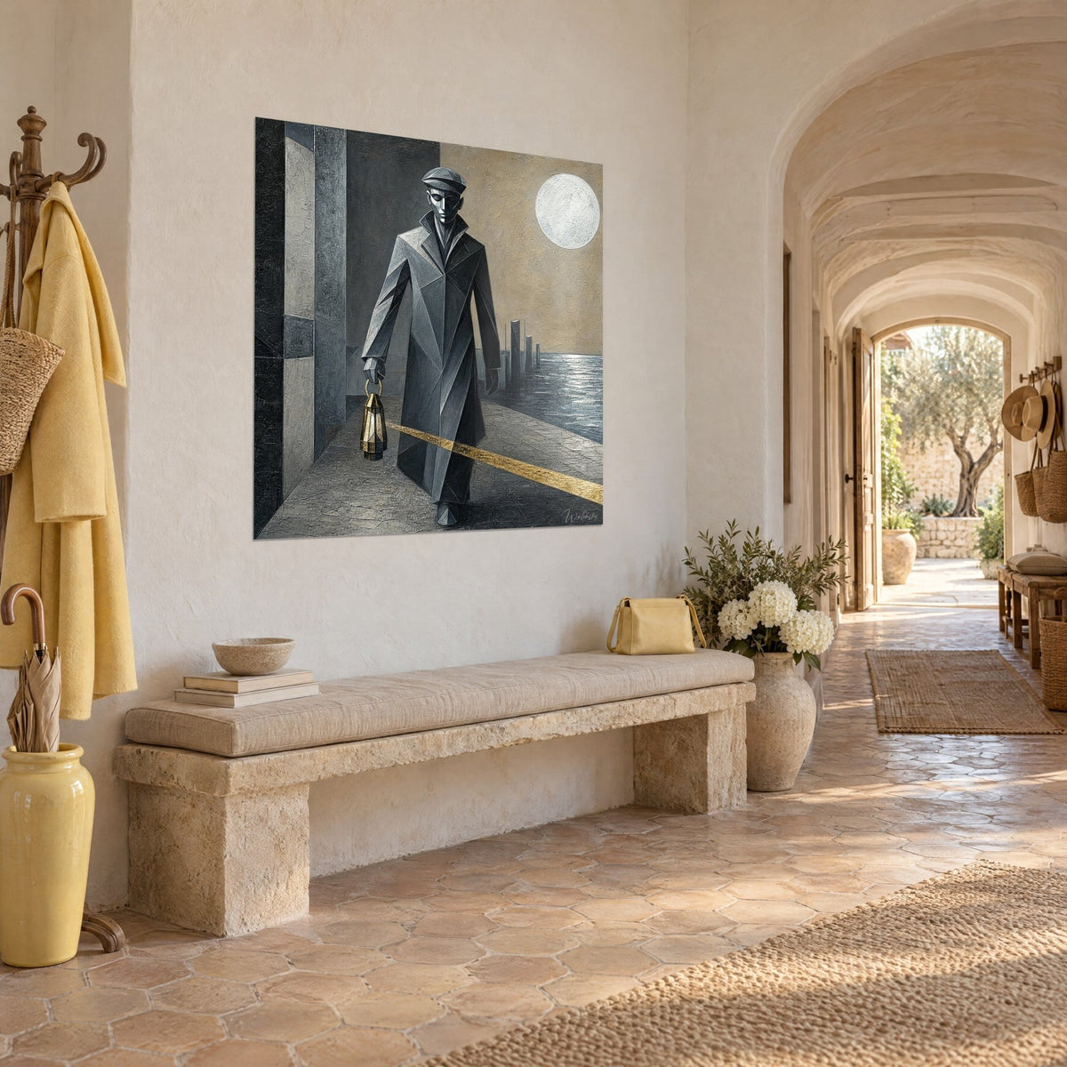 Wall art of an angular silhouette in a cap walking along a quay, diagonal gold band and dark sea, three-quarter view of a Provençal farmhouse