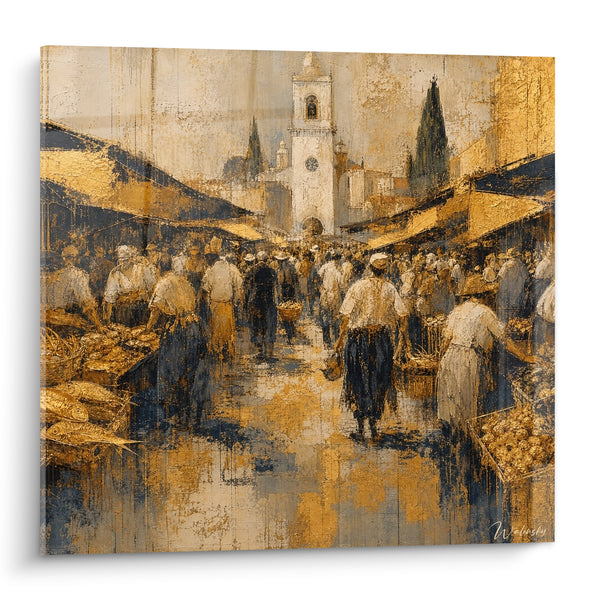 Tableau Marché provençal doré aux étals ombragés - Effervescence matinale - Edition Saint-Tropez