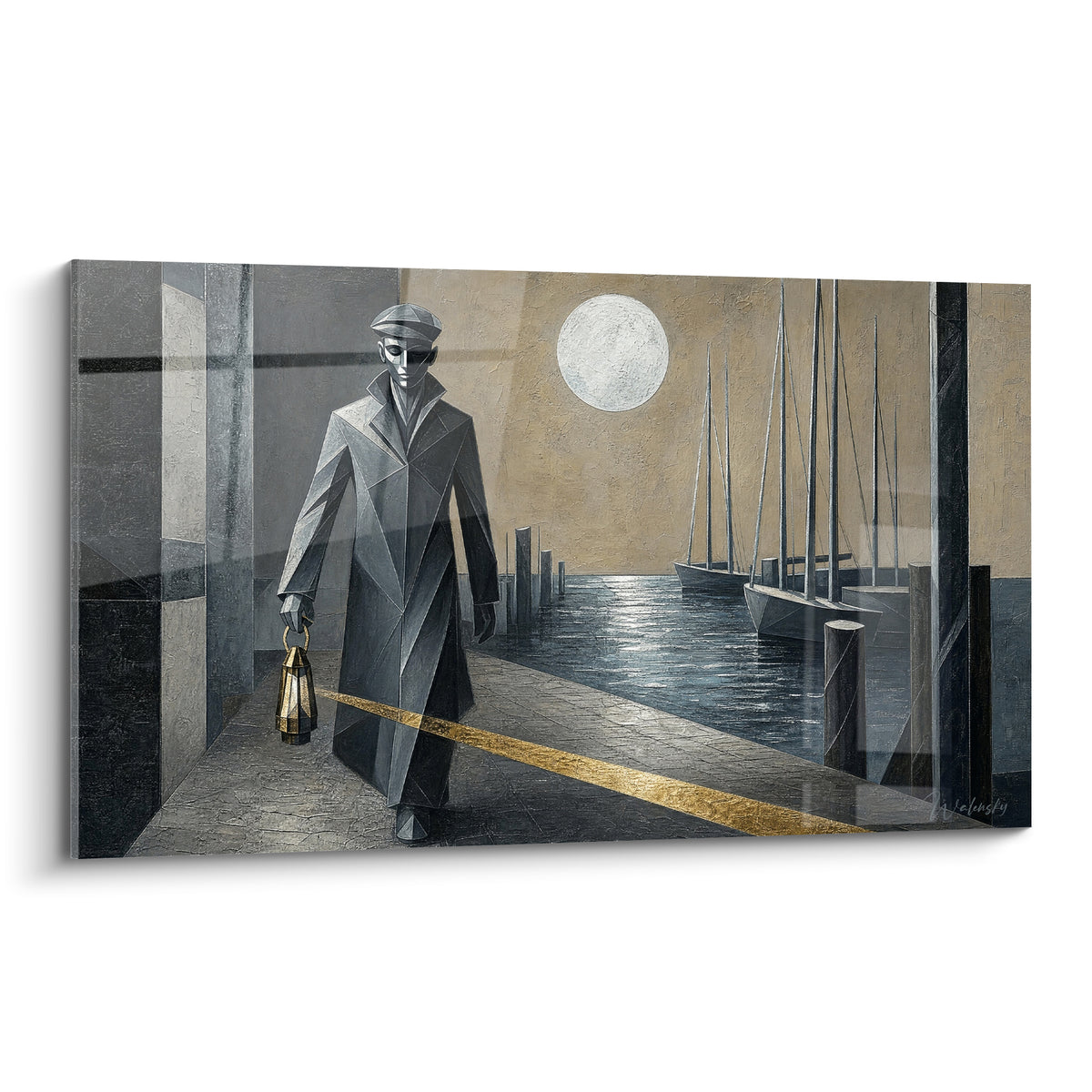Silhouette anthracite tenant une lanterne dorée devant un port au clair de lune, style cubiste de Saint-Tropez