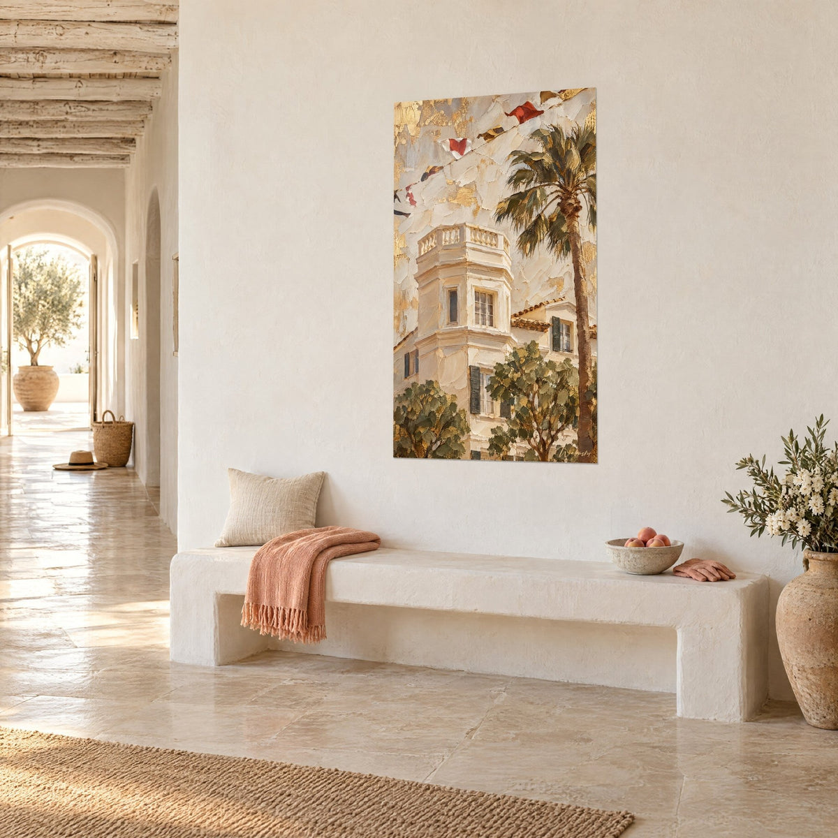 Wall art octagonal tower with white balustrade, gold leaf and red pennants on a stone bench in a vaulted corridor