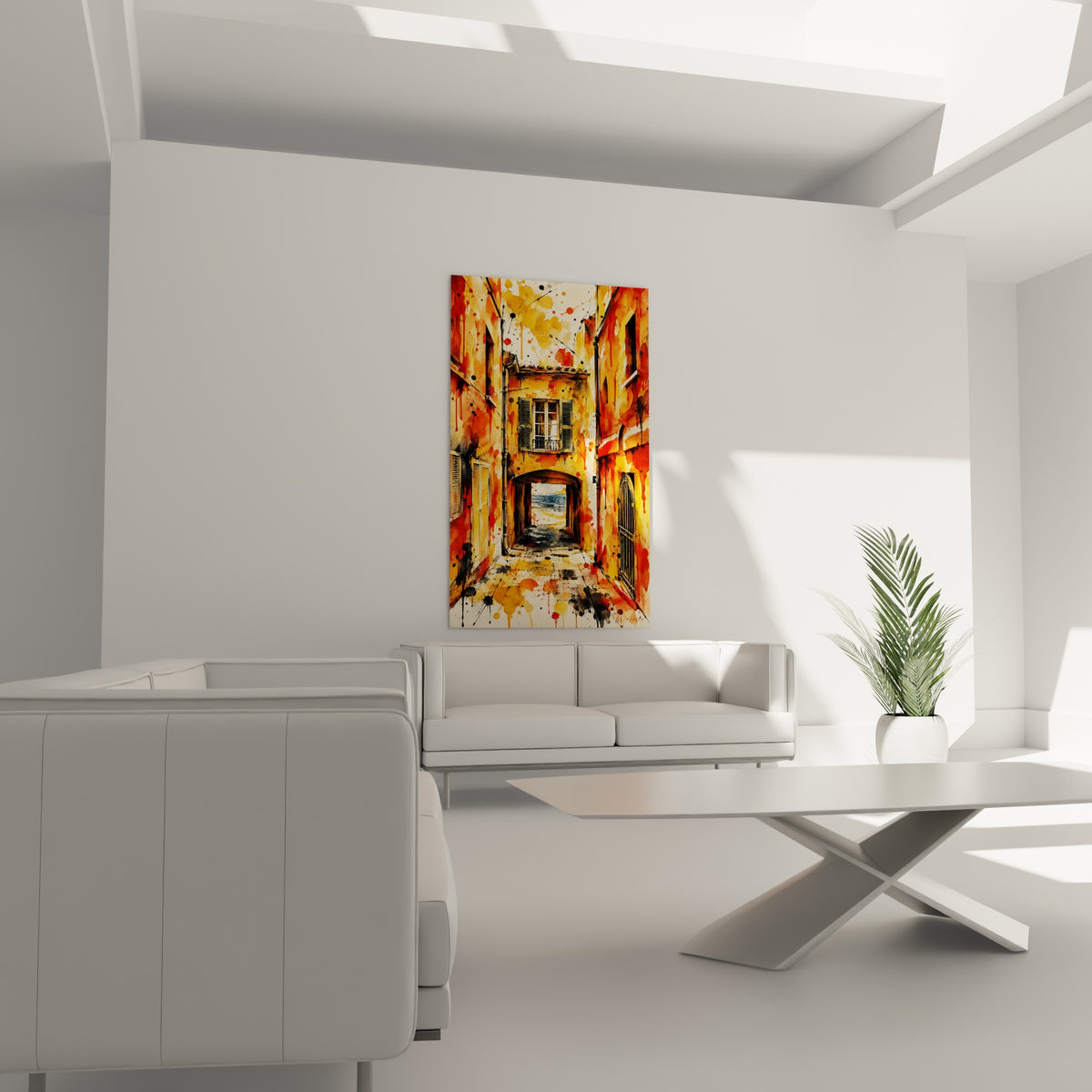 Passage voûté entre maisons ocre et rouge vers la mer, au-dessus d'un canapé dans un salon lumineux