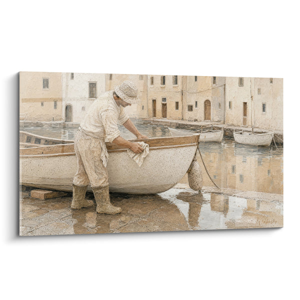 Tableau Pêcheur nettoyant sa barque beige crème - Calme du petit matin - Edition Saint-Tropez