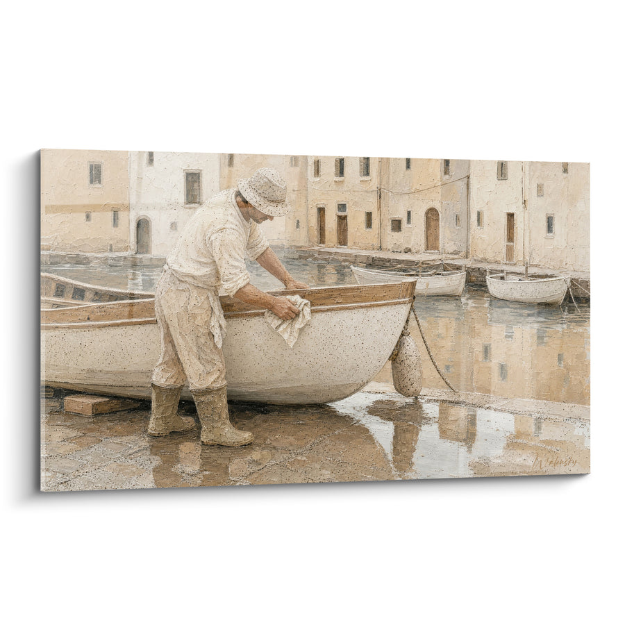 Tableau Pêcheur nettoyant sa barque beige crème - Calme du petit matin - Edition Saint-Tropez