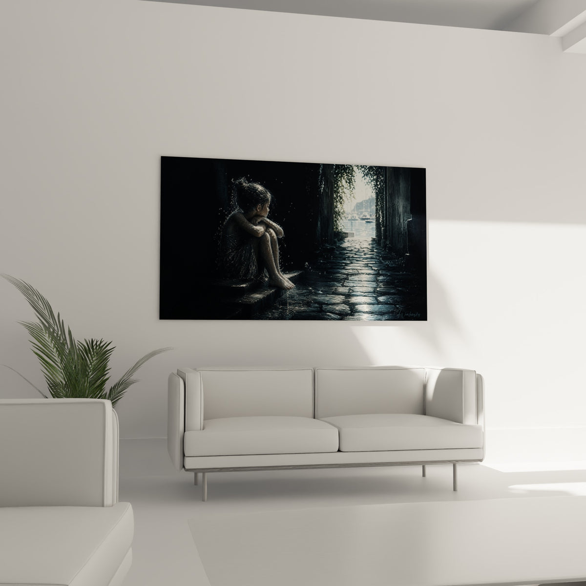 Ruelle pavée anthracite menant vers un port lumineux, tableau Saint-Tropez au-dessus d'un canapé dans un salon lumineux