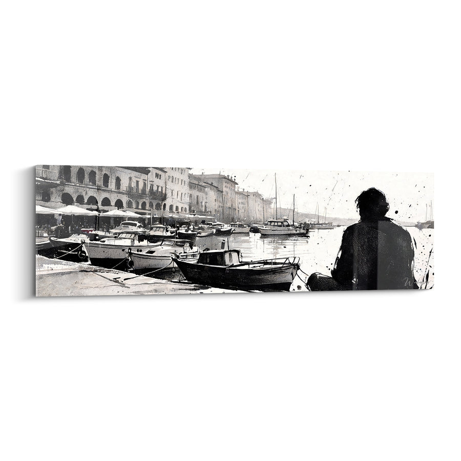 Tableau Port noir et blanc silhouette assise - Contemplation du port - Edition Saint-Tropez