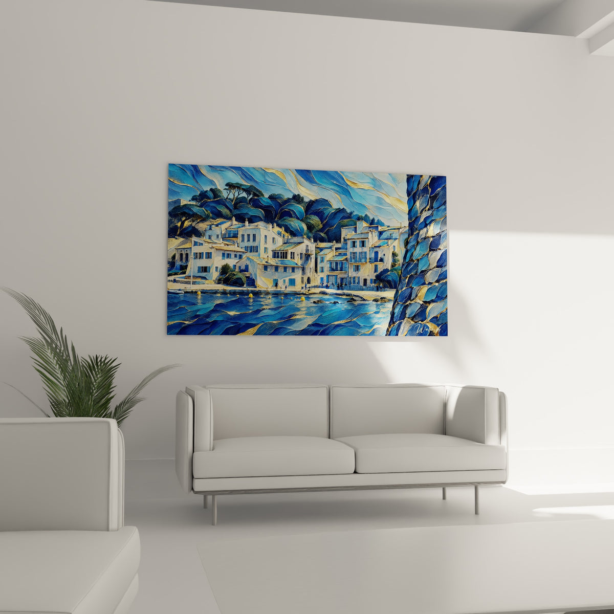 Schilderij Crèmekleurige huizen aan zee, nachtblauwe lucht met gouden strepen, gebeeldhouwde dennen, aan een witte entreemuur in drie-kwartaanzicht