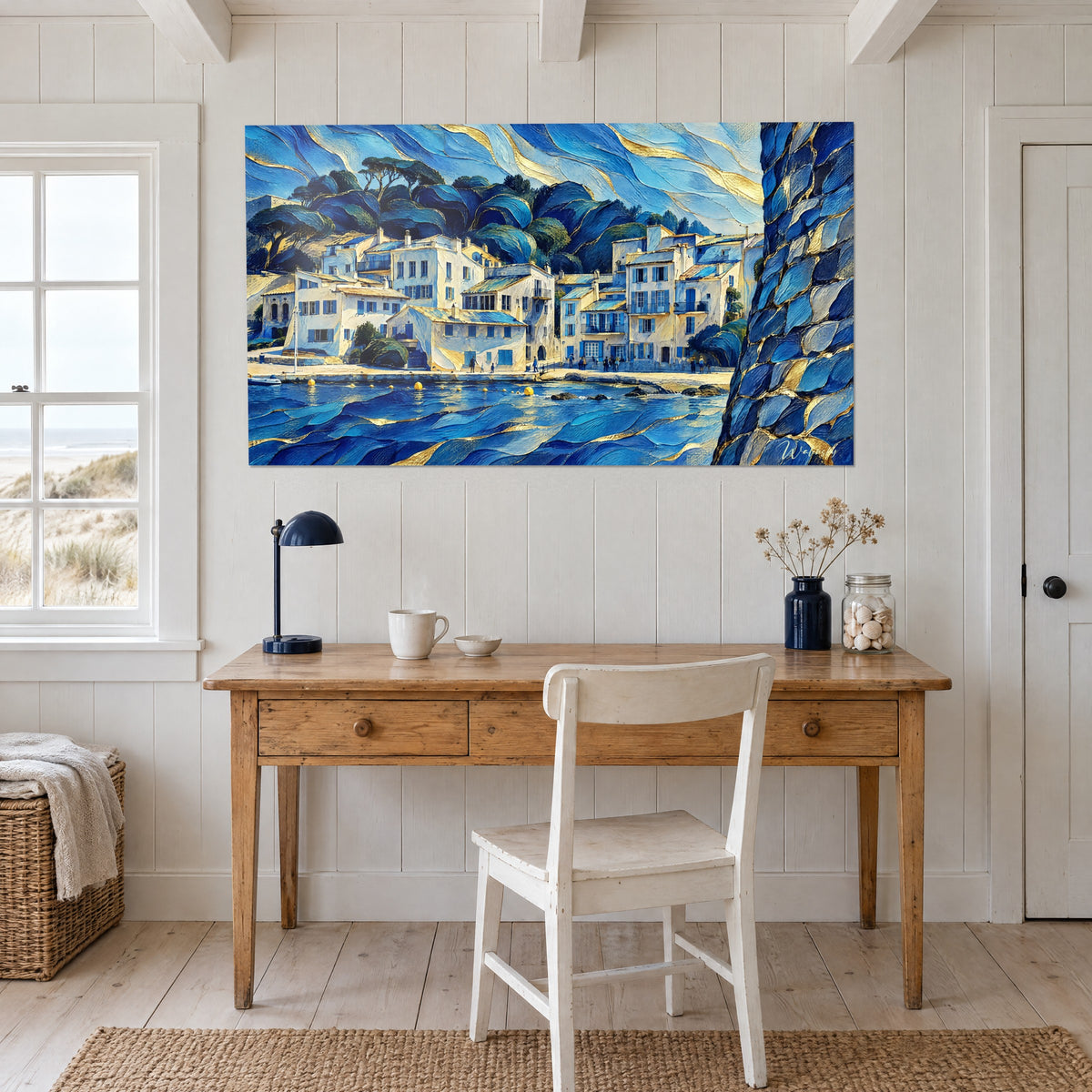Schilderij Gevels van Saint-Tropez met het paletmes geschilderd, afbrokkelende blauwe rots rechts, boven een bureau van licht hout