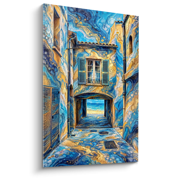 Tableau Ruelle marbrée bleu et doré vers l'horizon - Fenêtre aux volets gris - Edition Saint-Tropez  Provence-Alpes-Côte d'Azur  France