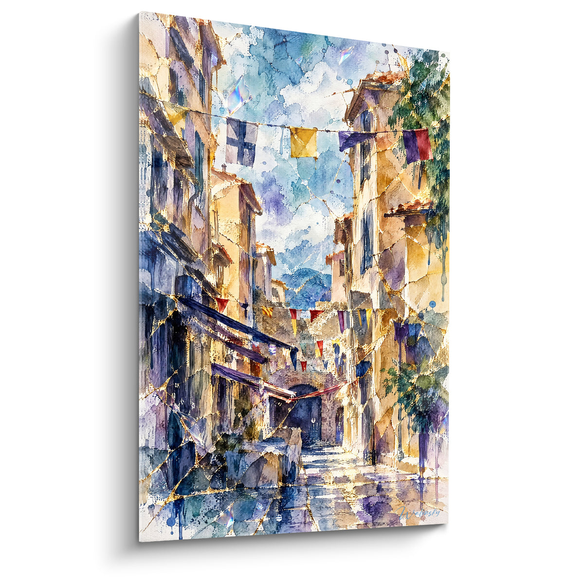 Ruelle de Saint-Tropez en aquarelle, façades ocre et ciel bleu pastel, fanions multicolores suspendus